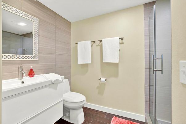 Bathroom, Glass Shower, Interior, Recessed Lighting, Wood Texture Flooring
