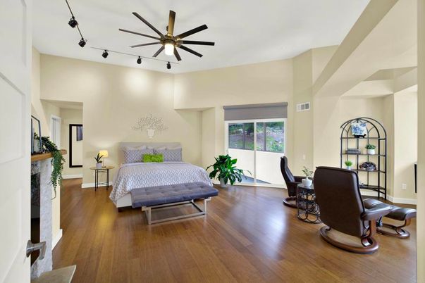 Bedroom, Fireplace, Interior, Wood Texture Flooring