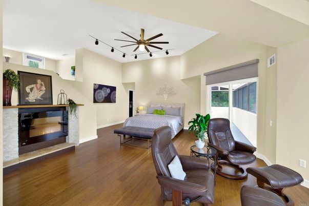Bedroom, Fireplace, Interior, Wood Texture Flooring