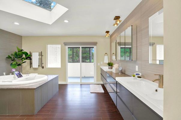 Bathroom, Dual Sink Vanities, Interior, Recessed Lighting, Wood Texture Flooring