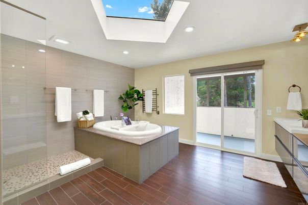 Bathroom, Glass Ceilings, Glass Shower, Interior, Recessed Lighting, Wood Texture Flooring