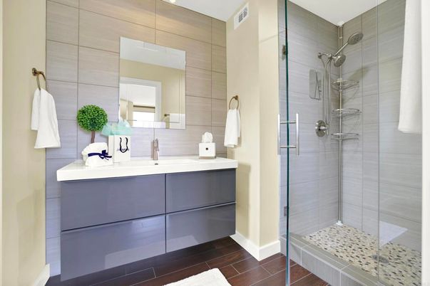Bathroom, Glass Shower, Interior, Wood Texture Flooring