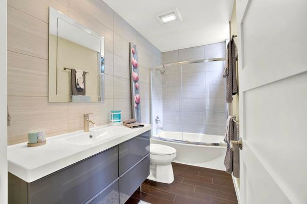 Bathroom, Glass Shower, Interior, Recessed Lighting, Wood Texture Flooring
