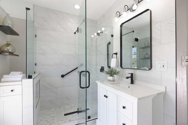 Bathroom, Glass Shower, Interior, Marble Walls, Recessed Lighting