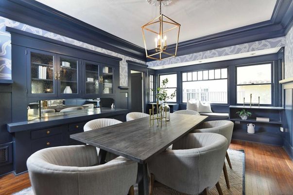 Dining room, Interior, Pendant Lights, Wood Texture Flooring