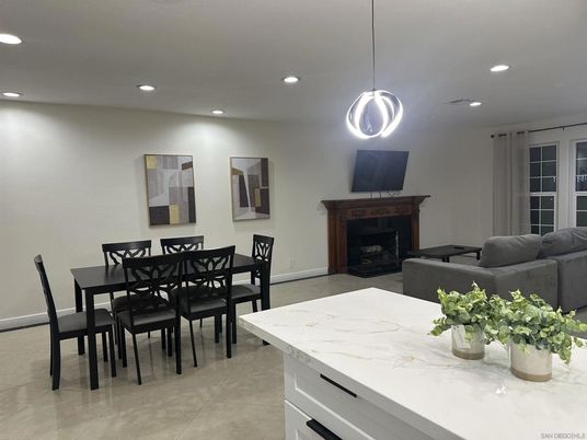 Dining room, Fireplace, Interior, Living room, Pendant Lights, Recessed Lighting