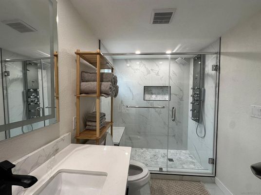 Bathroom, Glass Shower, Interior, Marble Walls, Recessed Lighting