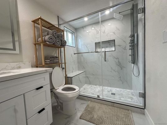 Bathroom, Glass Shower, Interior, Marble, Marble Walls, Recessed Lighting