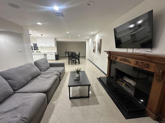 Dining room, Fireplace, Interior, Kitchen, Living room, Pendant Lights, Recessed Lighting