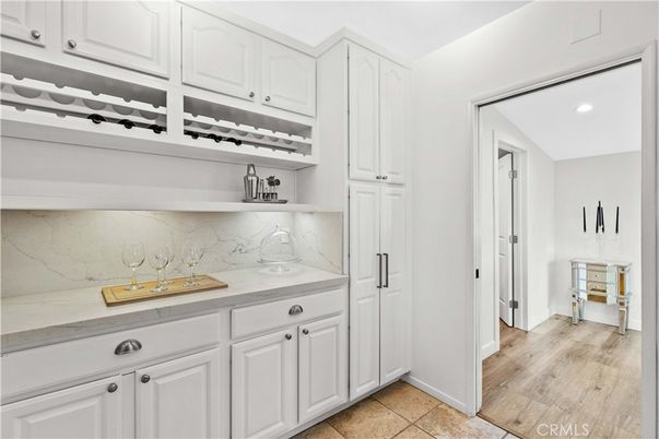 Interior, Kitchen, Marble Walls, Recessed Lighting, Wood Texture Flooring