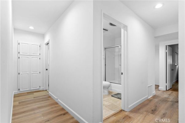 Bathroom, Glass Shower, Interior, Recessed Lighting, Wood Texture Flooring