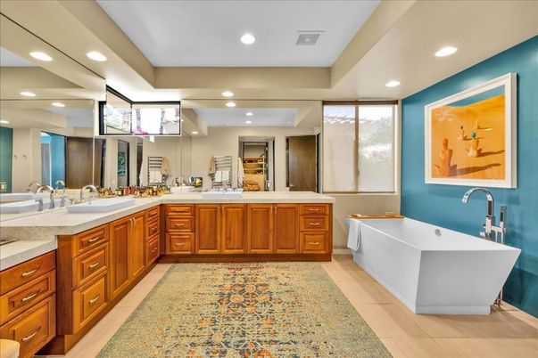 Bathroom, Dual Sink Vanities, Free Standing Baths, Interior, Recessed Lighting, Wood Texture Flooring