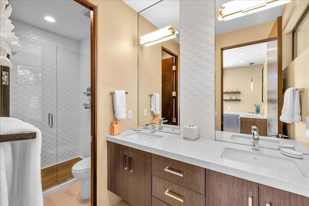 Bathroom, Dual Sink Vanities, Glass Shower, Interior, Recessed Lighting