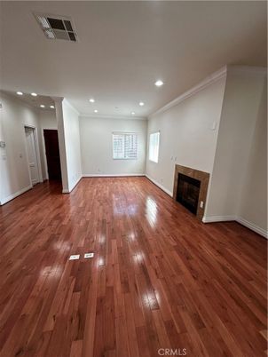 Empty room, Fireplace, Interior, Recessed Lighting, Wood Texture Flooring