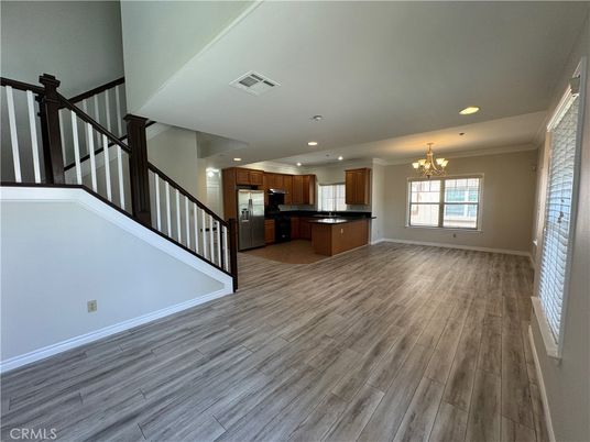 Chandelier, Interior, Kitchen, Recessed Lighting, Stainless Steel Appliances, Wood Texture Flooring