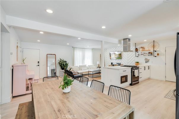 Dining room, Interior, Kitchen, Living room, Recessed Lighting, Wood Texture Flooring