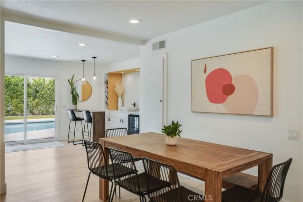 Dining room, Interior, Pendant Lights, Recessed Lighting, Wood Texture Flooring