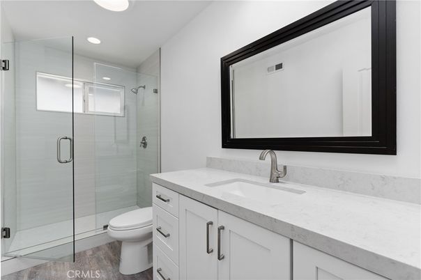 Bathroom, Glass Shower, Interior, Recessed Lighting, Wood Texture Flooring