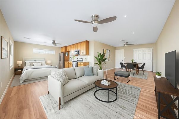 Bedroom, Dining room, Interior, Kitchen, Living room, Recessed Lighting, Stainless Steel Appliances, Wood Texture Flooring