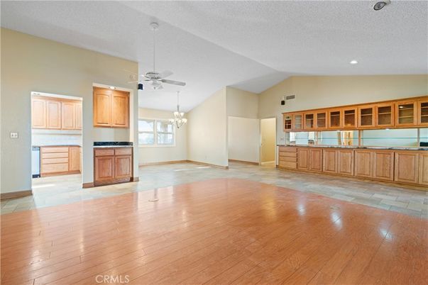 Chandelier, Empty room, Interior, Kitchen, Recessed Lighting, Wood Texture Flooring