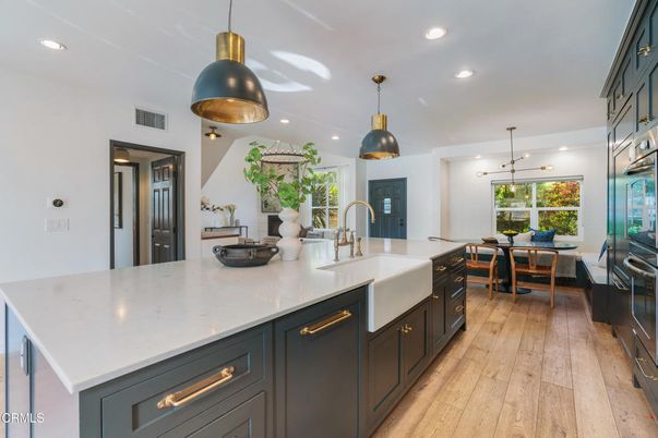 Dining room, Interior, Kitchen, Pendant Lights, Recessed Lighting, Stainless Steel Appliances, Wood Texture Flooring