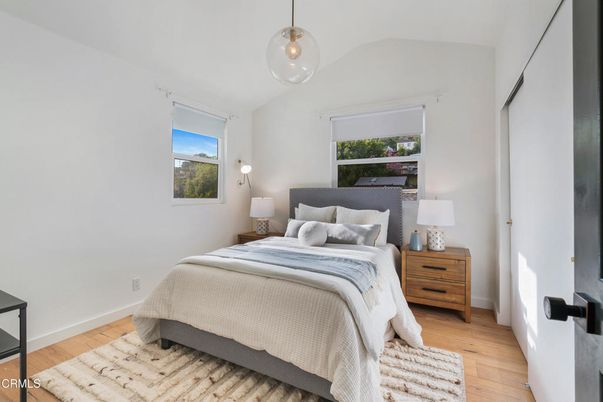 Bedroom, Interior, Pendant Lights, Wood Texture Flooring
