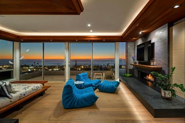 Fireplace, Interior, Living room, Recessed Lighting, Water, Wood Texture Flooring