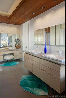 Bathroom, Dual Sink Vanities, Interior, Recessed Lighting, Wooden Ceilings