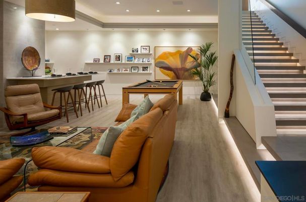 Billiard Table, Game Room, Interior, Pendant Lights, Recessed Lighting, Wood Texture Flooring