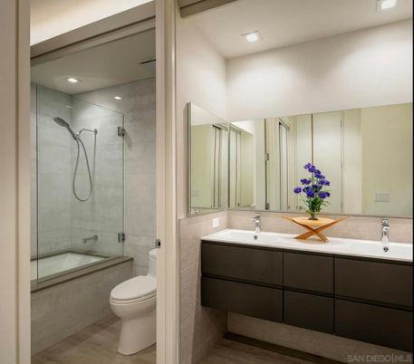Bathroom, Dual Sink Vanities, Glass Shower, Interior, Recessed Lighting, Wood Texture Flooring