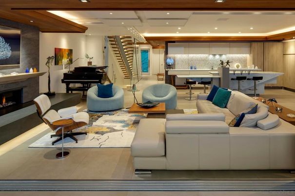 Dining room, Fireplace, Interior, Living room, Pendant Lights, Piano, Recessed Lighting