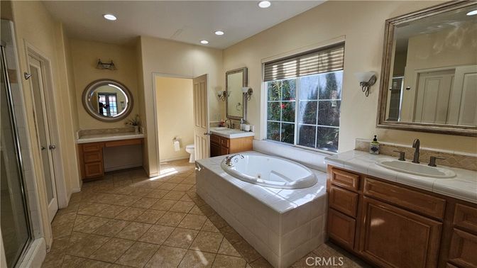 Bathroom, Dual Sink Vanities, Interior, Recessed Lighting, Tile Countertops