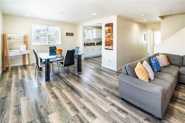 Dining room, Interior, Living room, Recessed Lighting, Wood Texture Flooring