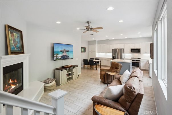 Dining room, Fireplace, Interior, Kitchen, Living room, Recessed Lighting, Stainless Steel Appliances