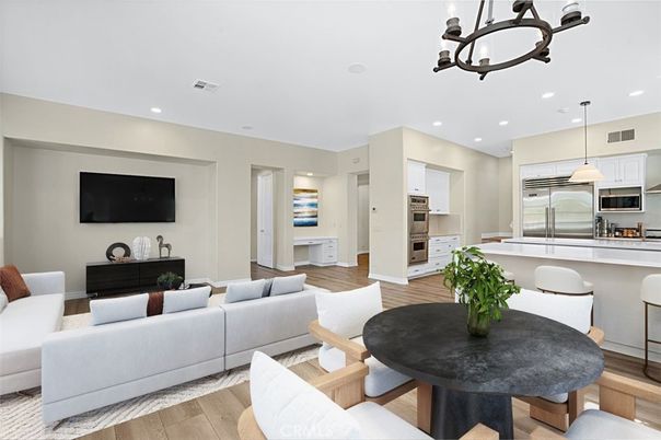 Dining room, Interior, Kitchen, Living room, Pendant Lights, Recessed Lighting, Stainless Steel Appliances, Wood Texture Flooring