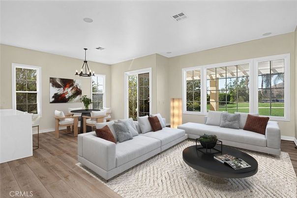 Dining room, Interior, Living room, Pendant Lights, Wood Texture Flooring