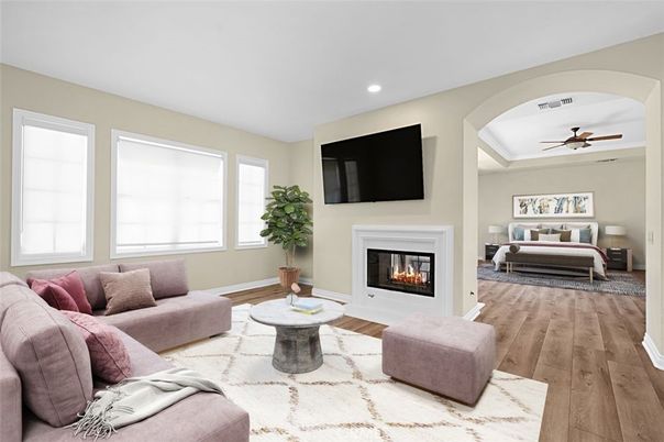 Fireplace, Interior, Living room, Recessed Lighting, Wood Texture Flooring