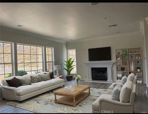 Fireplace, Interior, Living room, Recessed Lighting, Wood Texture Flooring