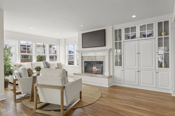 Fireplace, Interior, Living room, Recessed Lighting, Wood Texture Flooring