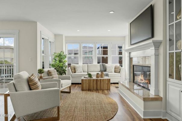 Fireplace, Interior, Living room, Recessed Lighting, Wood Texture Flooring