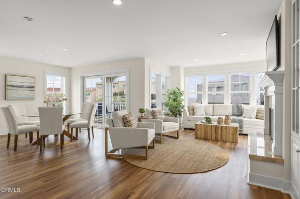 Dining room, Fireplace, Interior, Living room, Recessed Lighting, Wood Texture Flooring