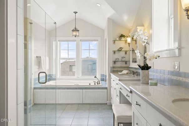 Bathroom, Dual Sink Vanities, Glass Shower, Interior, Pendant Lights, Recessed Lighting