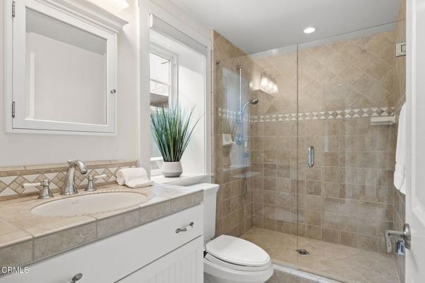 Bathroom, Glass Shower, Interior, Recessed Lighting, Tile Countertops