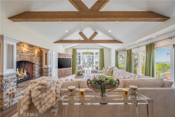 Fireplace, Interior, Living room, Recessed Lighting, Stone Walls, Wooden Beams, Wood Texture Flooring