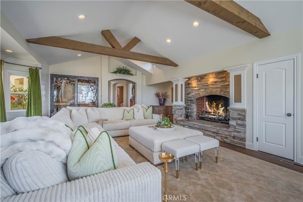 Fireplace, Interior, Living room, Recessed Lighting, Stone Walls, Wooden Beams