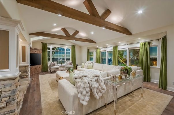 Fireplace, Interior, Living room, Recessed Lighting, Wooden Beams, Wood Texture Flooring