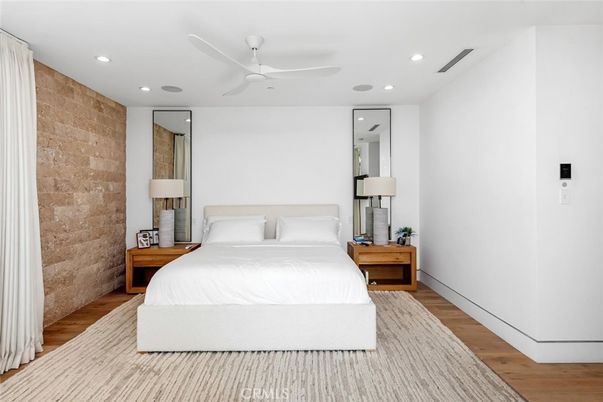 Bedroom, Interior, Recessed Lighting, Stone Walls, Wood Texture Flooring