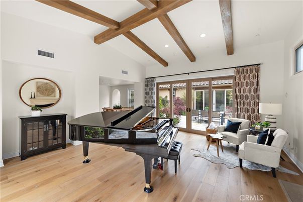 Interior, Living room, Piano, Recessed Lighting, Wooden Beams, Wood Texture Flooring