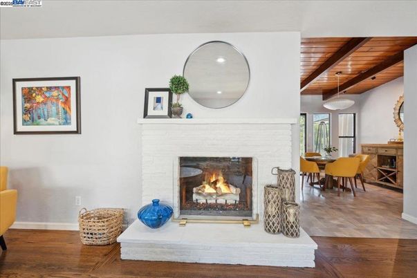 Dining room, Fireplace, Interior, Pendant Lights, Recessed Lighting, Wooden Beams, Wooden Ceilings, Wood Texture Flooring