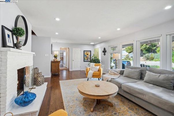 Fireplace, Interior, Living room, Recessed Lighting, Wood Texture Flooring